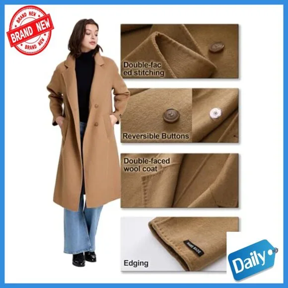 Long Wool Pea Coat Double Breasted Trench Jacket Winter Overcoat Lightweight - Picture 4 of 7